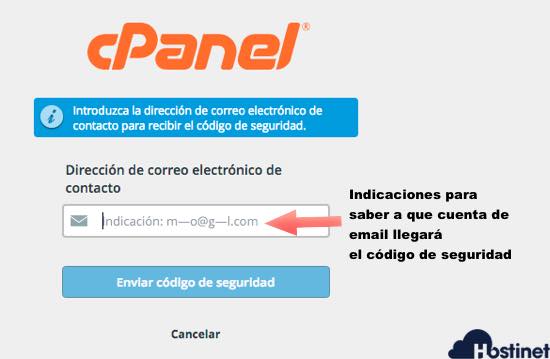 indicaciones saber dode se enviará el código de seguridad para recuperar la contraseña de acceso a cPanel