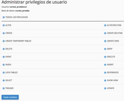 privilegios usuario para la base de datos