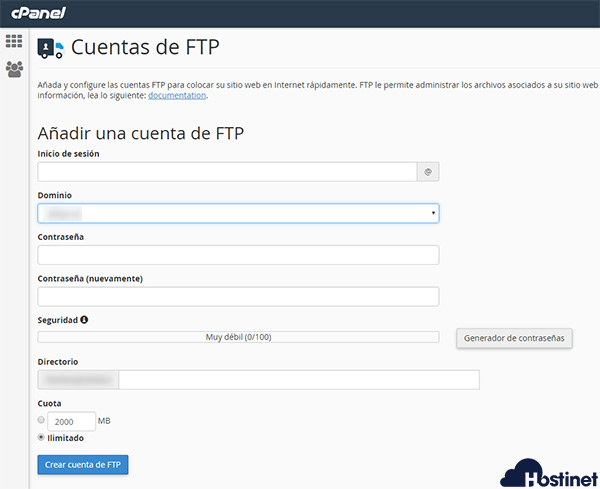 cPanel Cuentas de FTP Añadir