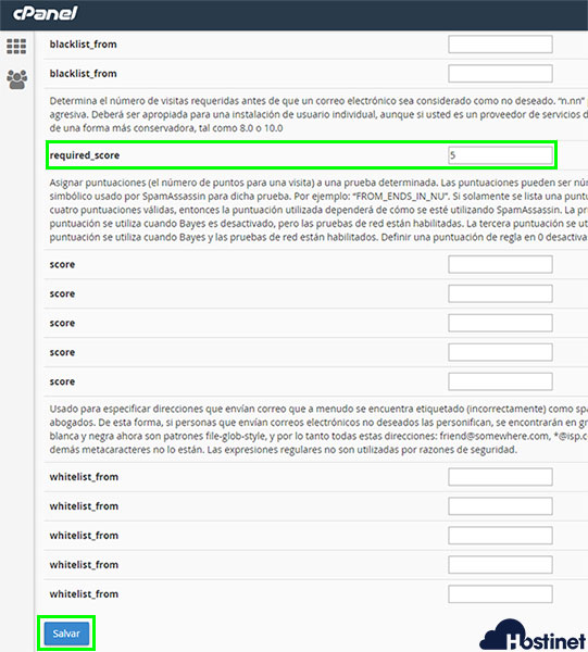 Apache Spam Assassin requiered_score & salvar