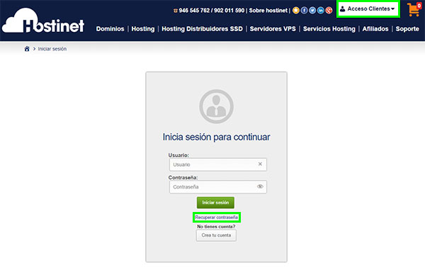 hostinet acceso clientes recuperar contraseña