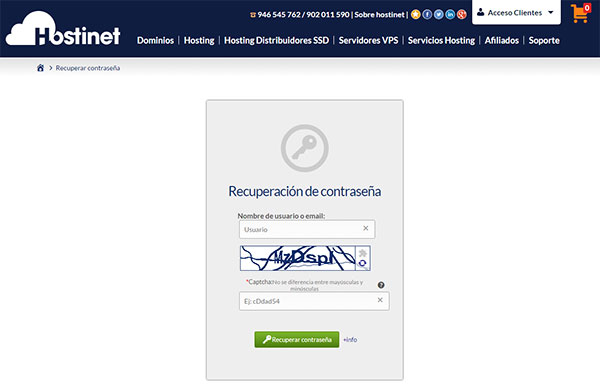 Hostinet recuperar contraseña