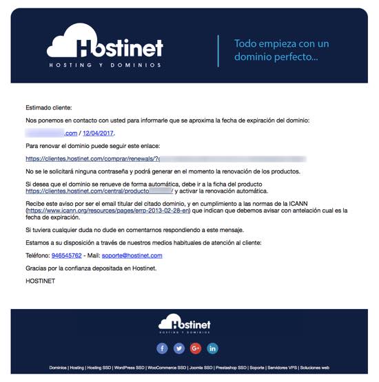 email expiracion producto para renovar enhostinet