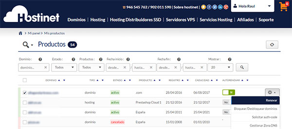 hostinet panel de cliente listado productos rueda dentada renovar