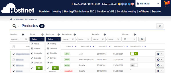 hostinet panel de cliente listado productos