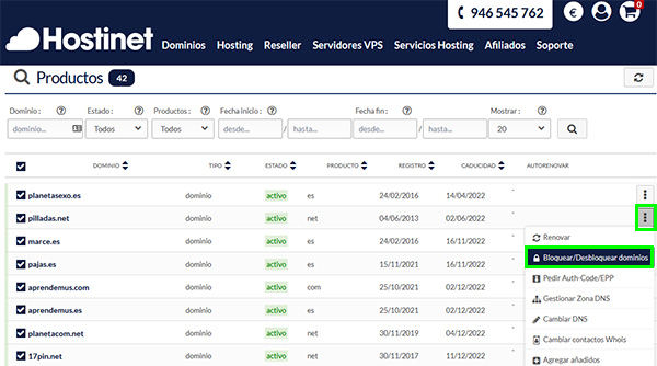 Panel Cliente Hostinet Bloquear/Desbloquear Dominios