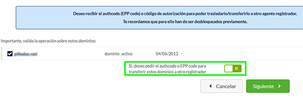 Panel Cliente Hostinet Solicitar Auth Code EPP Confirmar