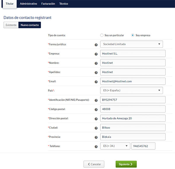 nuevo contacto whois Hostinet