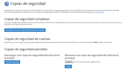 Panel CPanel Seccion Archivos Copias de seguridad
