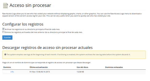 Panel Cpanel Metricas acceso sin procesar