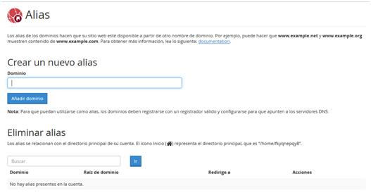 Panel Cpanel Seccion Dominios Alias Parking de dominios