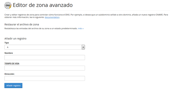 Panel Cpanel Seccion Dominios Editor zona DNS avanzado