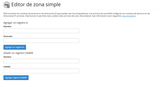 Panel Cpanel Seccion Dominios Editor zona DNS simple