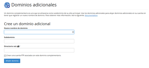 Panel Cpanel Seccion Dominios dominios adicionales