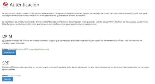 Panel Cpanel Seccion correo autentificacion