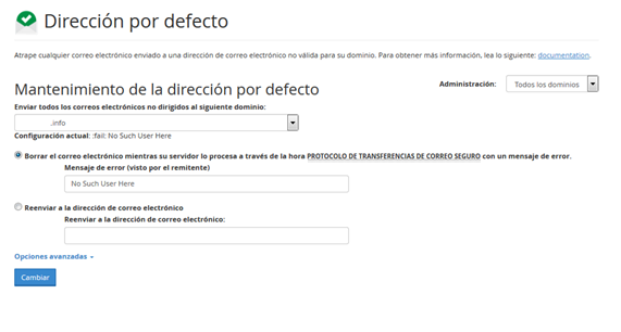 Panel Cpanel Seccion correo direccion por defecto