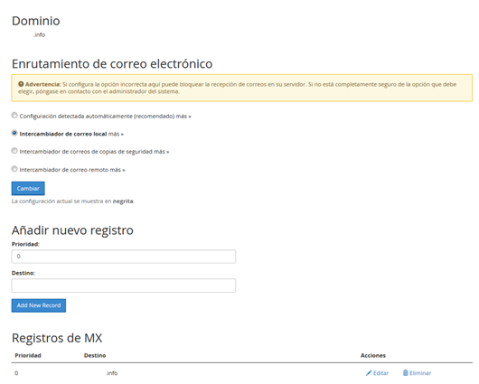 Panel Cpanel Seccion correo entradas MX