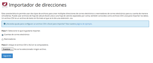 Panel Cpanel Seccion correo importar direcciones