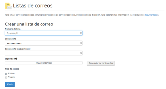 Panel Cpanel Seccion correo listas de correo