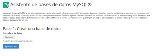 panel Cpanel Bases de Datos Asistente Mysql