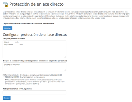 seccion seguridad Cpanel proteccion de enlace directo