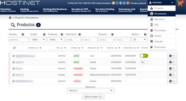 Area de usuario de Hostinet - Mi Productos