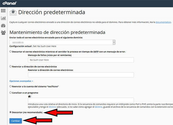 cPanel - Direción Predeterminadas -> Opciones Avanzadas (Descartar)