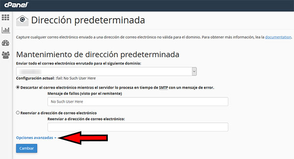 cPanel - Direción Predeterminadas -> Opciones Avanzadas