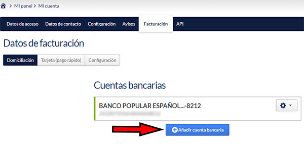 Hostinet Facturación - Añadir Cuenta Bancaria