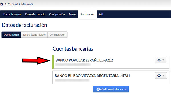 Hostinet Facturación - Cuentas Bancarias (Barra verde)