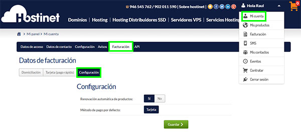 mi cuenta facturación configuración