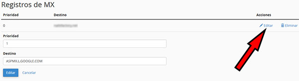 cpanel registro mx google editar