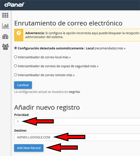 cpanel registro mx google