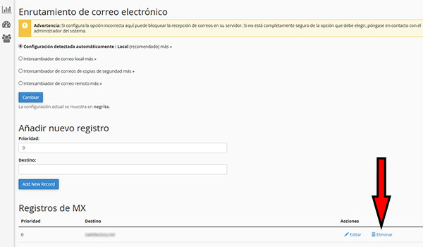 cpanel registros mx eliminar