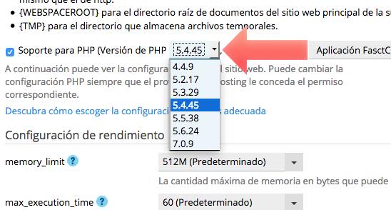 versiones php en Plesk