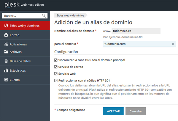 Plesk Adición Alias Dominio