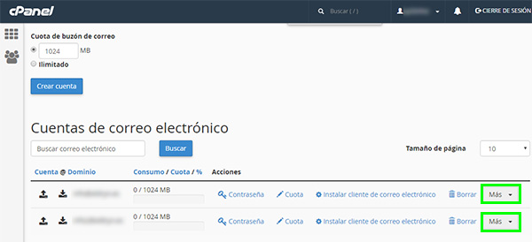 cPpanel - Cuentas de correo electrónico (recuadro más)