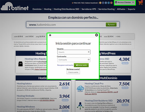 Hostinet acceso clientes