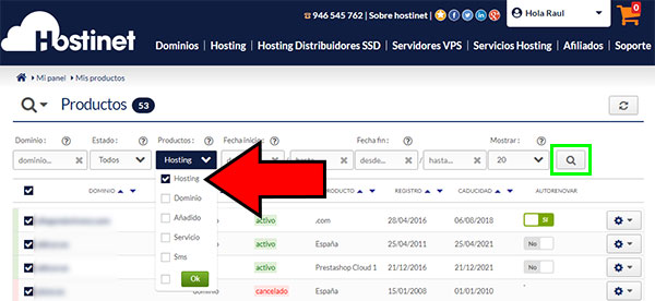 Hostinet Filtrado Hosting Área de Clientes