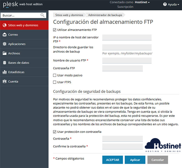 Plesk Administrador Backups Configuración Almacenamiento FTP