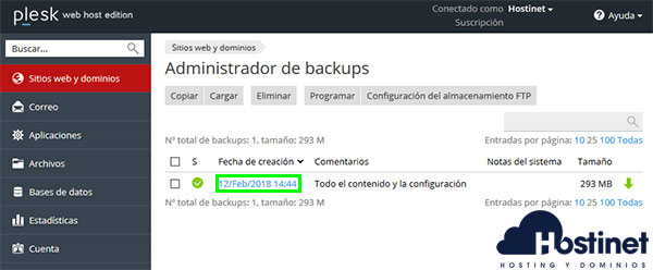 Plesk Administrador Backups Fecha Creación