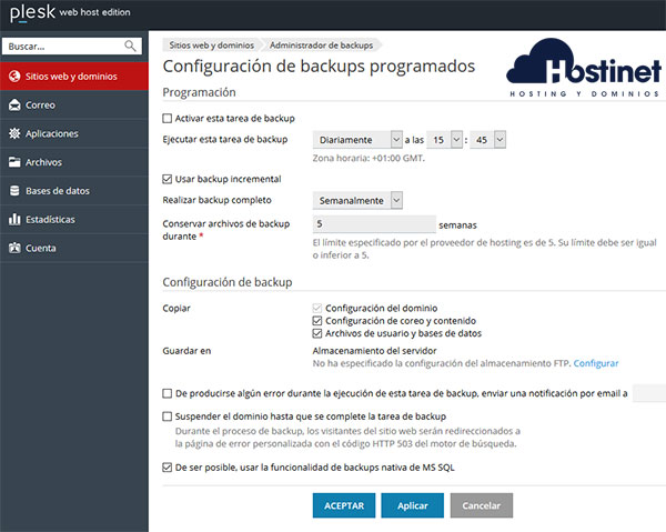 Plesk Administrador Backups Programación