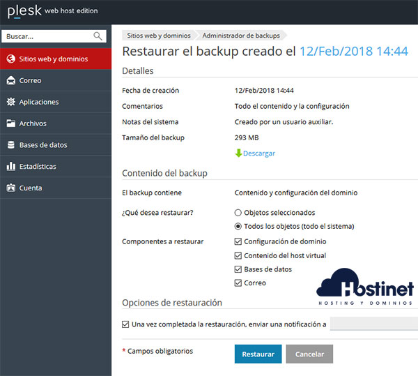 Plesk Administrador Backups Restaurar Backup