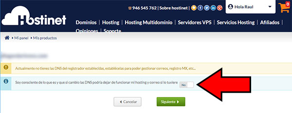 Hostinet Mis Productos Gestionar Zona DNS Cambiar DNS