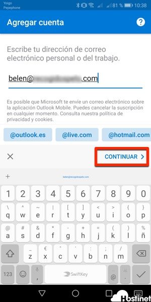agregar email continuar outlook android 2018