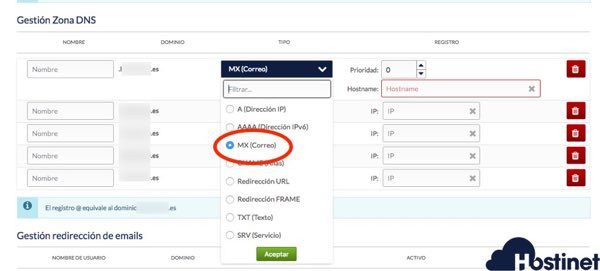 gestion zona dns registros mx desde Hostinet.com