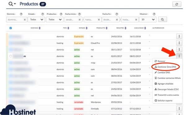 gestionar zona dns dominio mis productos desde Hostinet.com