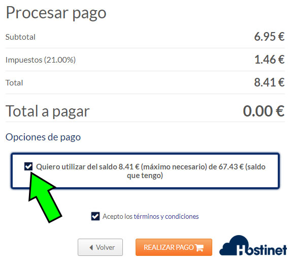 hostinet utilizar saldo