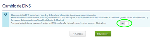 Panel de cliente Hostinet - Cambiar DNS (Interruptor)