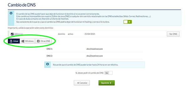 Panel de cliente Hostinet - Cambiar DNS (Nueva interfaz)